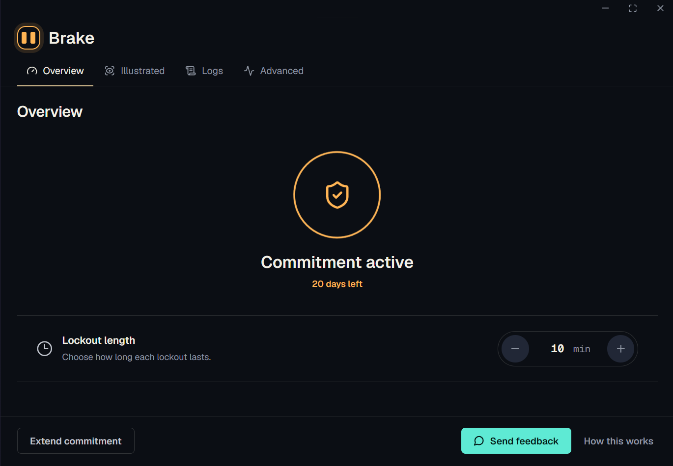 Brake overview showing a local commitment active on screen