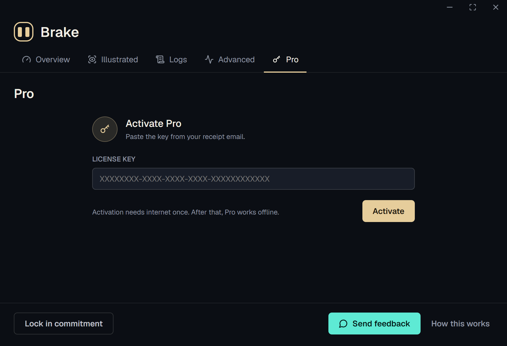 Preview of the upcoming Pro tab in Brake, with a license key field and an Activate button