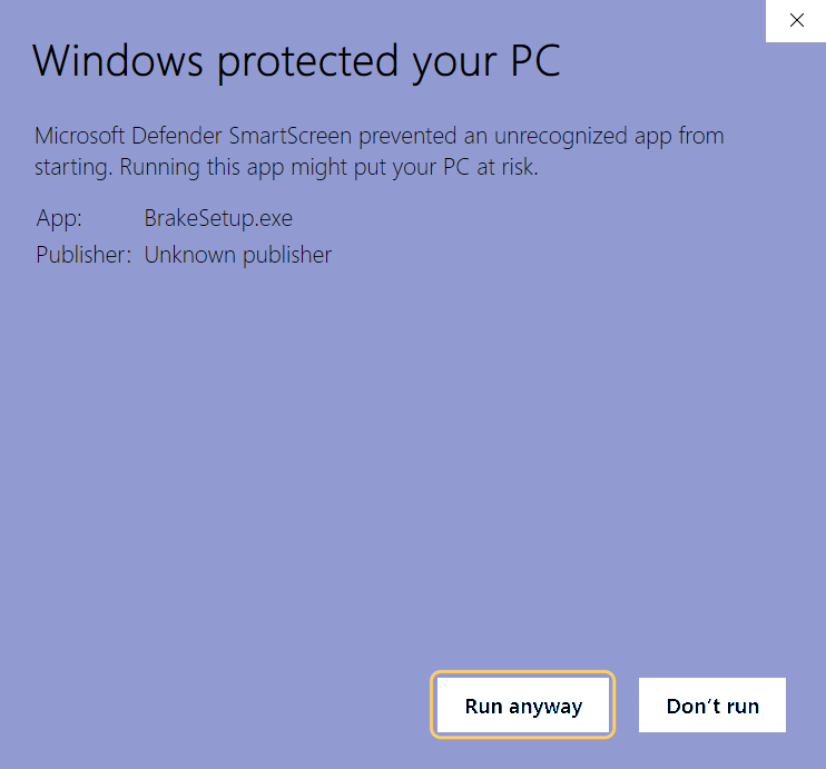 Windows SmartScreen screen for BrakeSetup.exe with the Run anyway button highlighted