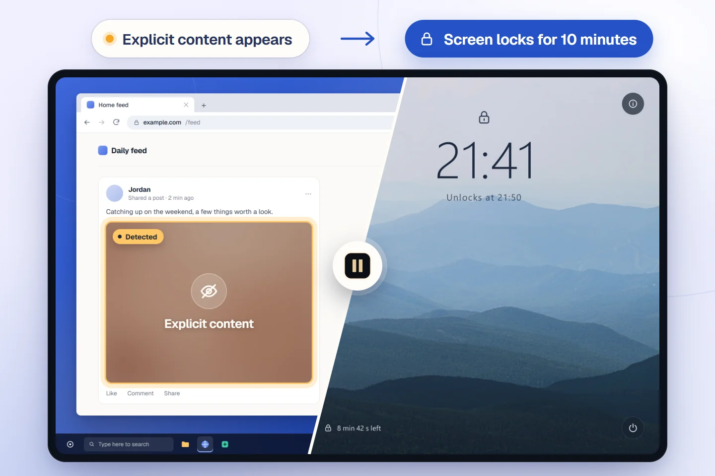 Before and after: on the left, explicit content appears in a web feed, shown blurred and marked as detected. On the right, Brake has locked the screen for 10 minutes and shows when it unlocks.