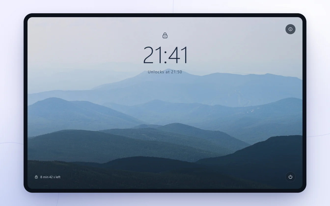 The Brake lockout screen over a calm mountain photo, showing the time and when the computer unlocks
