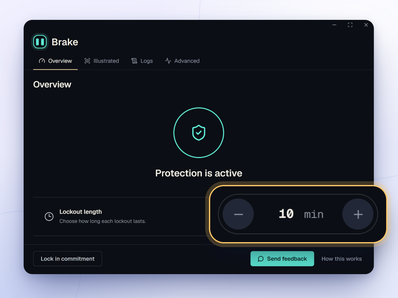Brake Overview tab showing protection is active, with the lockout length set to 10 minutes